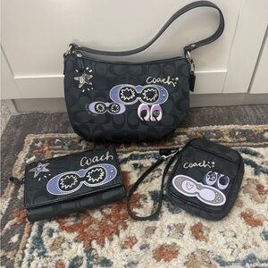 Coach Black Signature Canvas  Wristlet & Wallet Set - Purple Accent